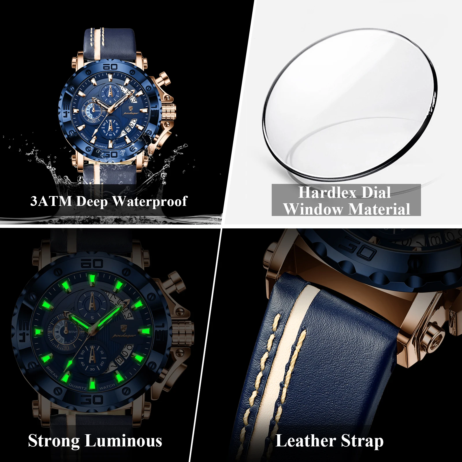 POEDAGAR Original Watches For Man Waterproof Luminous Date Fashion Male Clock Chronograph Leather Quartz Sports Men's Wristwatch image 4