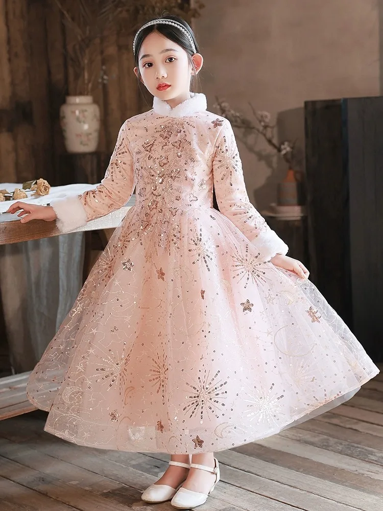 Classic Girls Thickened Dresses Evening Dinner Stand Collar Elegant Gowns Formal Party Children Host Slim Fit Luxury Costumes