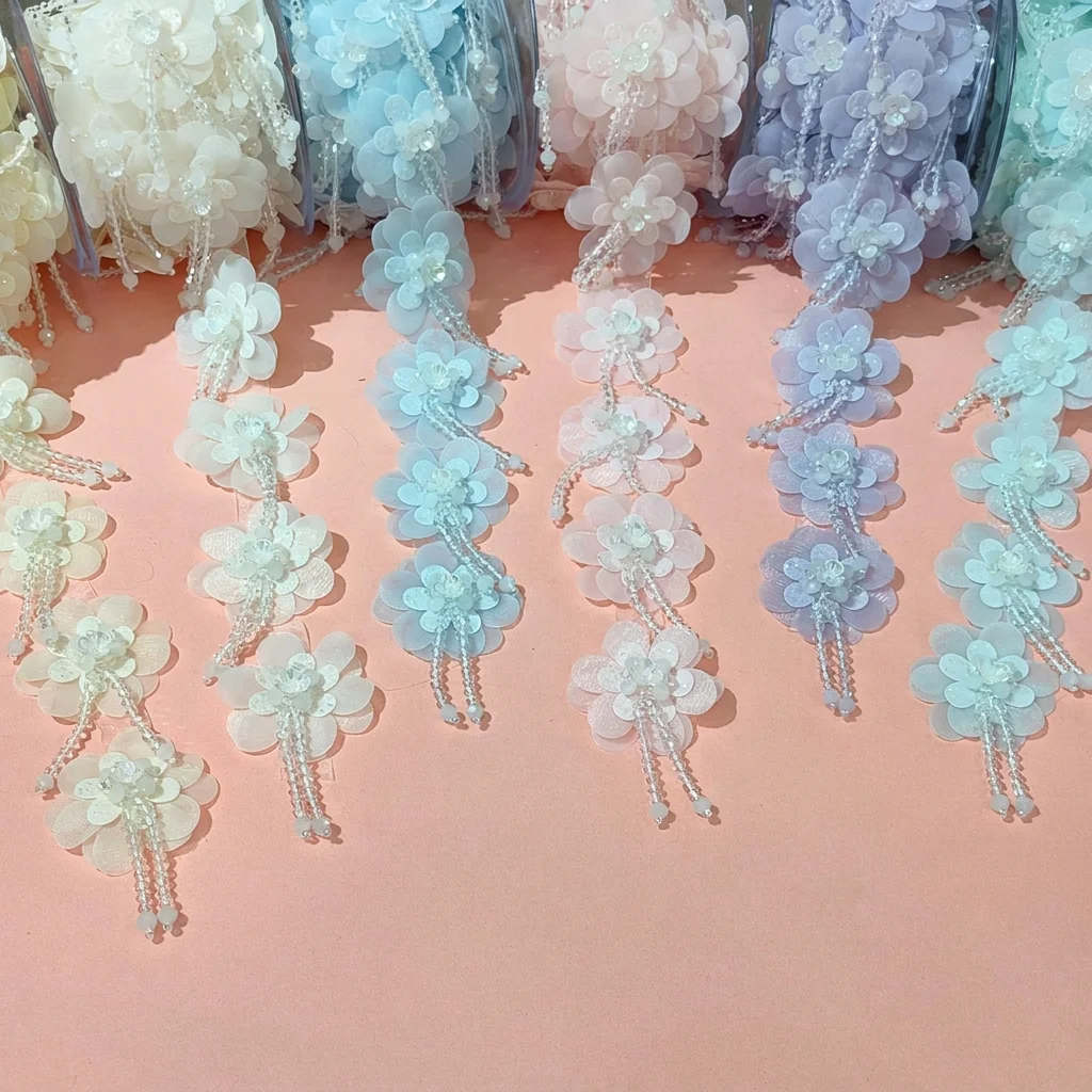 Handmade Beaded Flower Patch Crystal Tassel 3d Fabric Flowers Wedding Applique Clothing Hair Accessories Bags Shoes Decoration