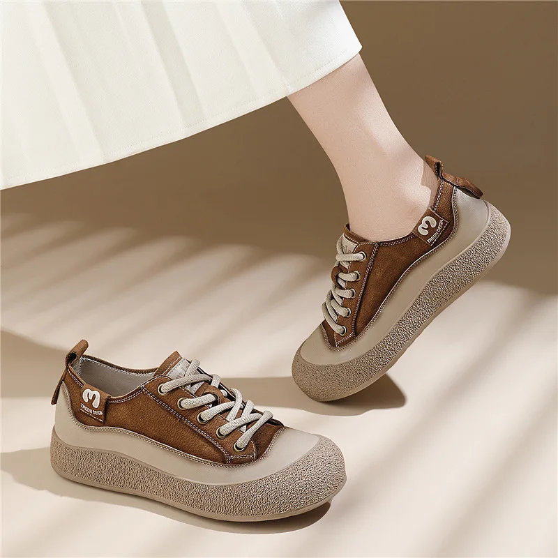 

Leather Sport Shoes Women's Casual Travel Shoes Vintage Trendy Flats Spring Autumn Layered Cowhide Comfortable All-rounder
