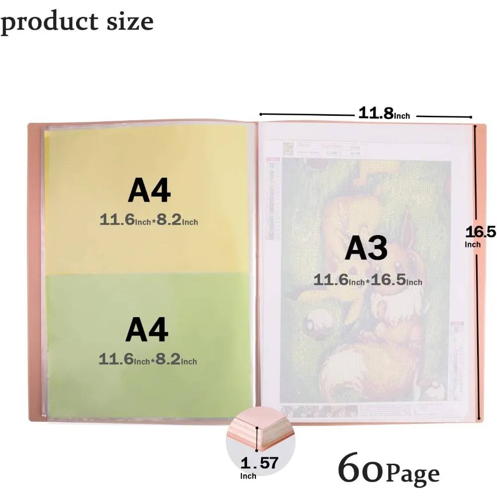 A3 กล่องเก็บภาพวาดเพชร,โฟลเดอร์ผลงานศิลปะ,ผลงานศิลปะ 60 หน้ากระเป๋าพร้อมสติกเกอร์ดัชนี,11