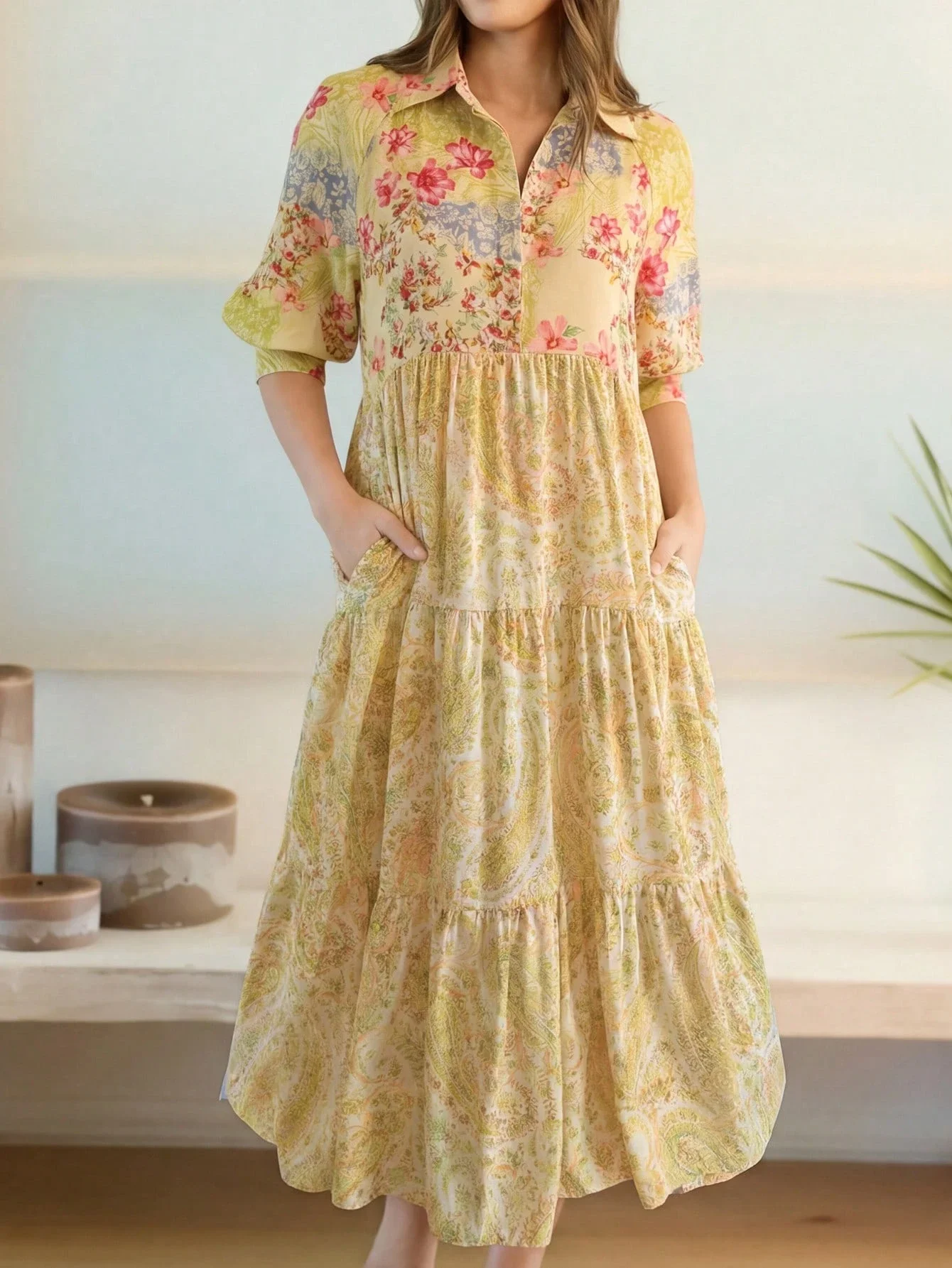 

Women's Yellow Floral Print Tiered A-Line Maxi Dress With Pockets