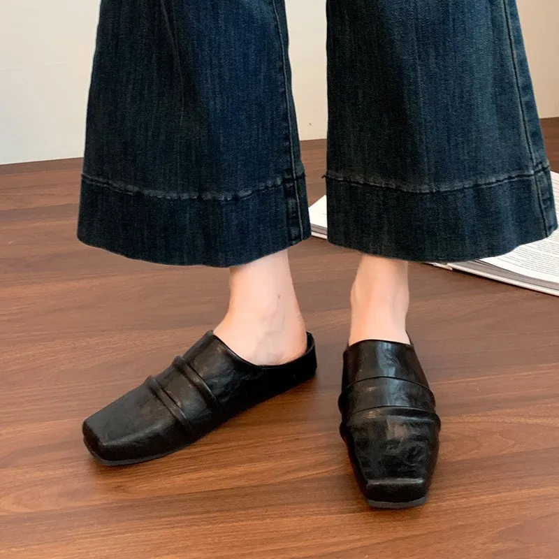 2025 جديد الصيف النساء البغال الجلود الأحذية النسائية غطاء حذاء مزود بفتحة للأصابع تربيع تو صنادل كعب منخفض مطوي النعال الحديثة #4