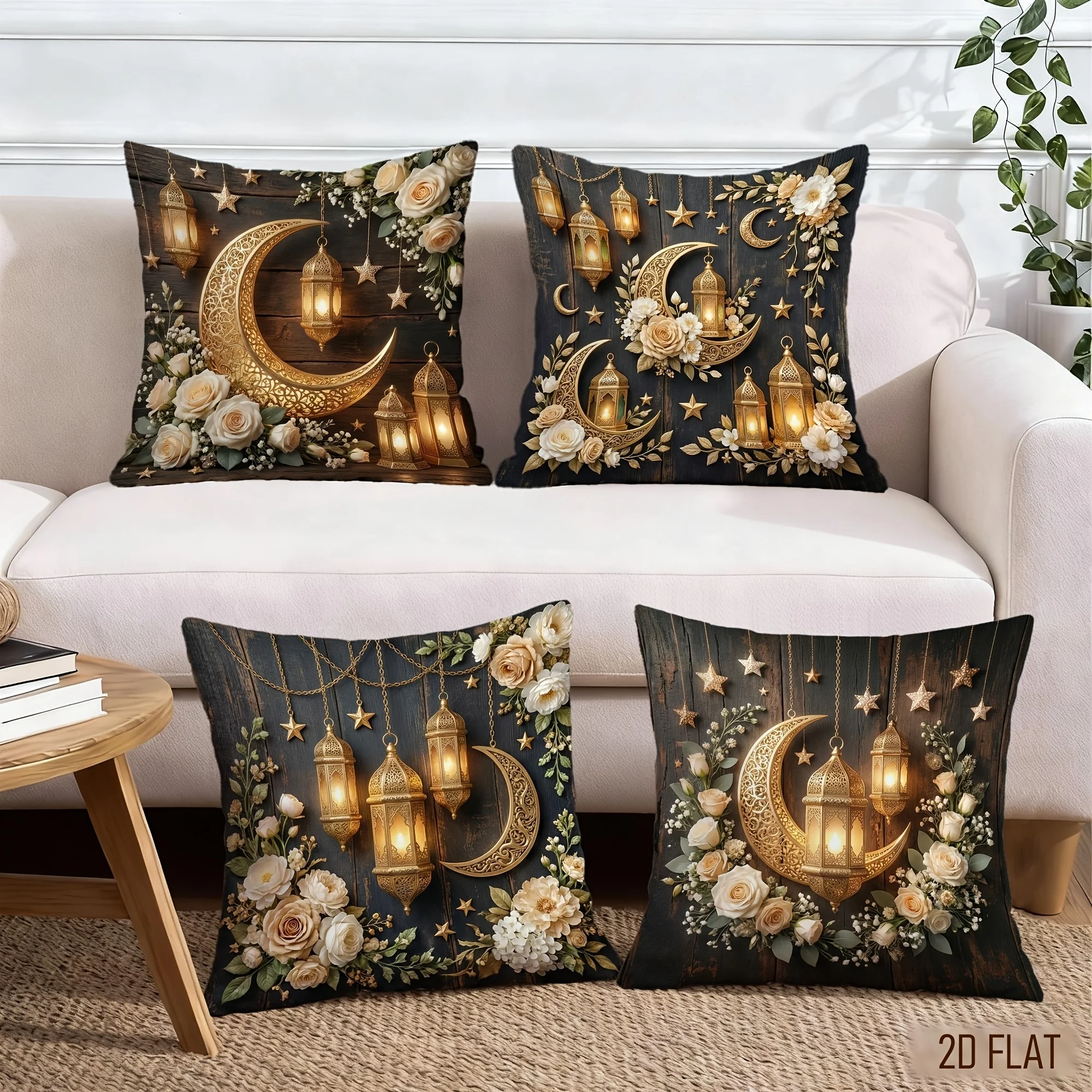 

4pcs Islamic Cushion Cover Ramadan Gold Moon Lantern Flower Printed Pillow Case Polyester Home Decor Sofa Living Room 2D Flat