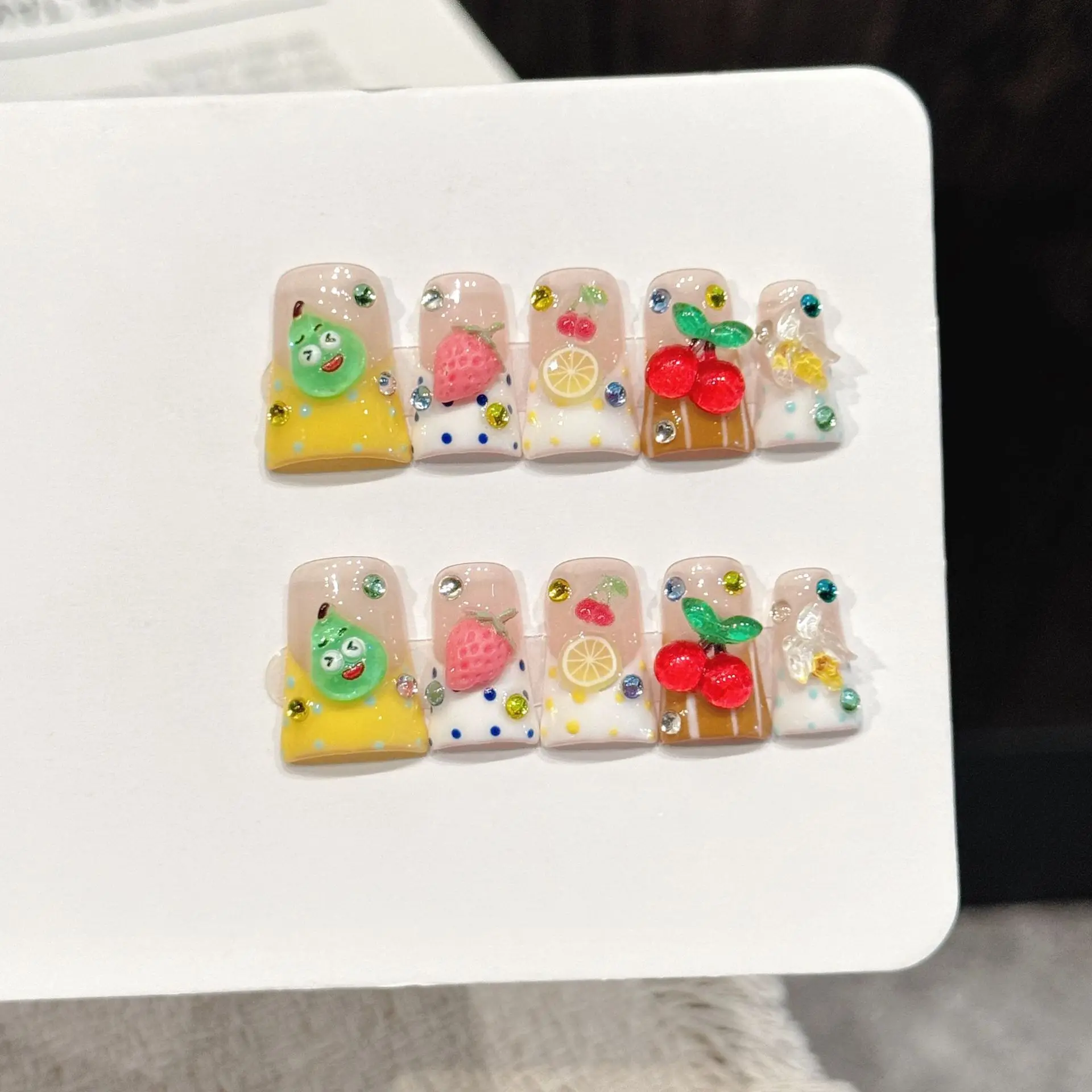 10PCS Handmade Nails Lemon Fruit Story Cute Sweet Girl Press On Nails Full Cover Fake Nails With 4-PIECE Tool Adhesive Nail Glue