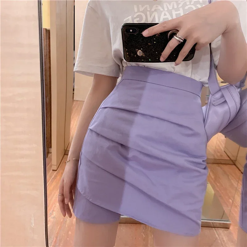 Women Purple High Waist Sexy Skinny Korean Summer Mini Skirts Pleated Bodycon Pencil Skirts Female Zipper Short Skirts Vintage