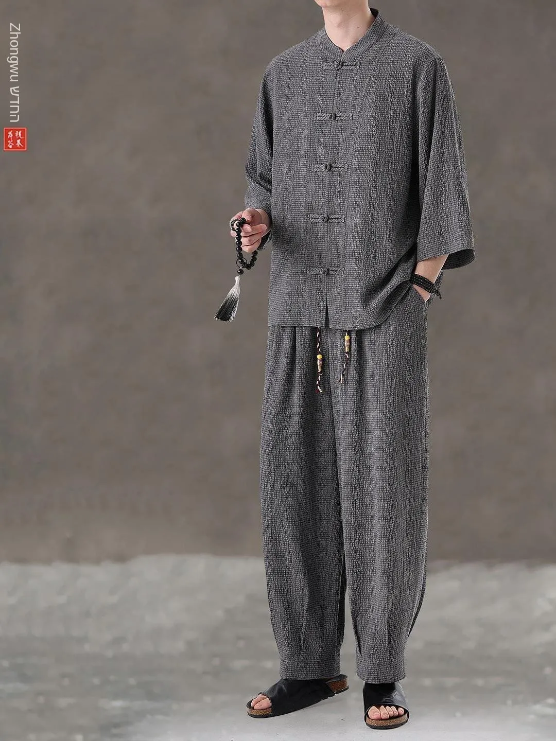 new-2026-men's-casual-sportswear-set-vintage-chinese-style-spring-summer-fashionable-pants-and-shirt-seven-sleeve-buttons-decor
