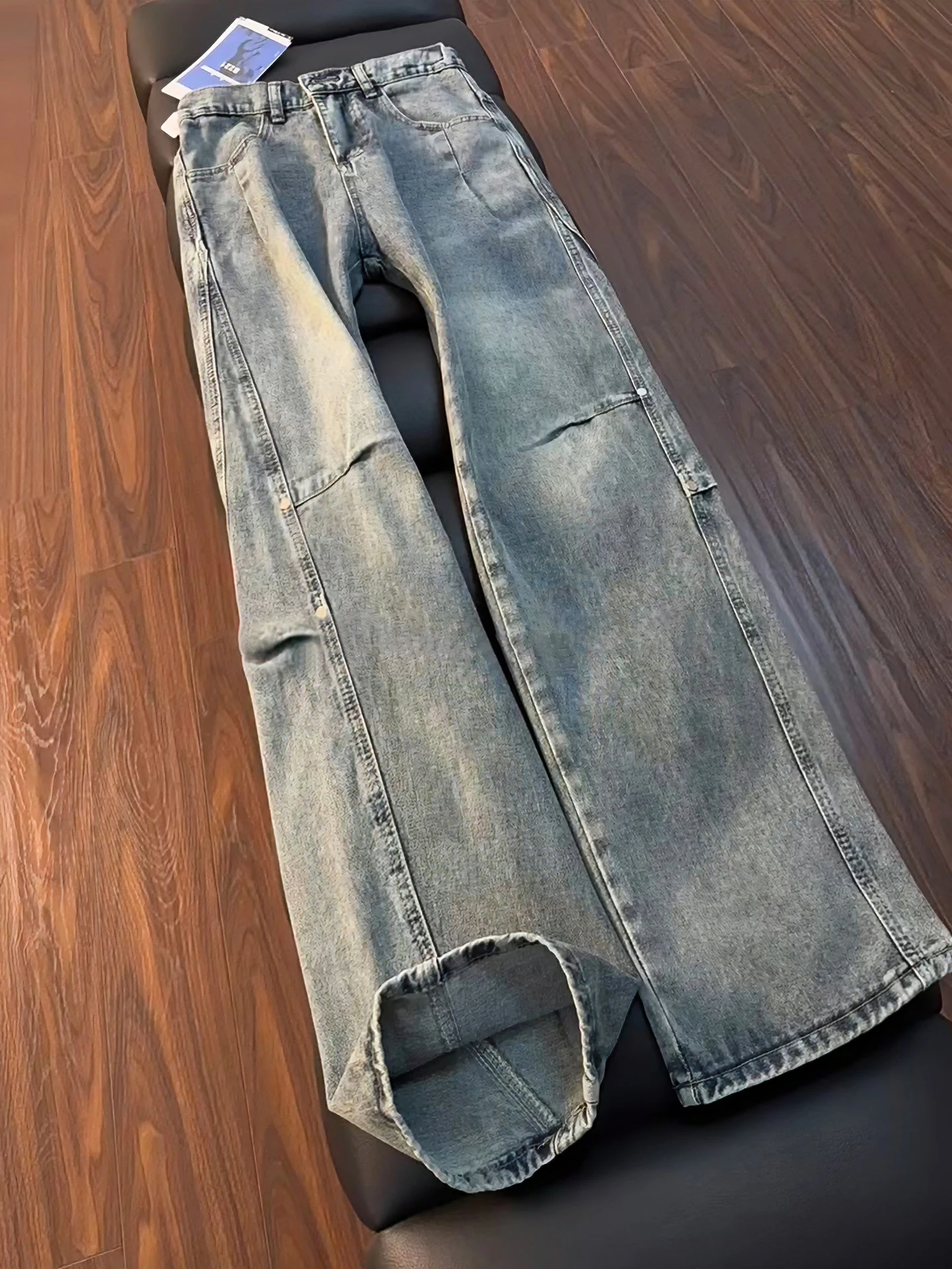 

American Waed Blue Men's Slant Cut Jeans Spring Folded Knife Workwear Pants Straight Leg Wide Leg Micro Flared Trousers