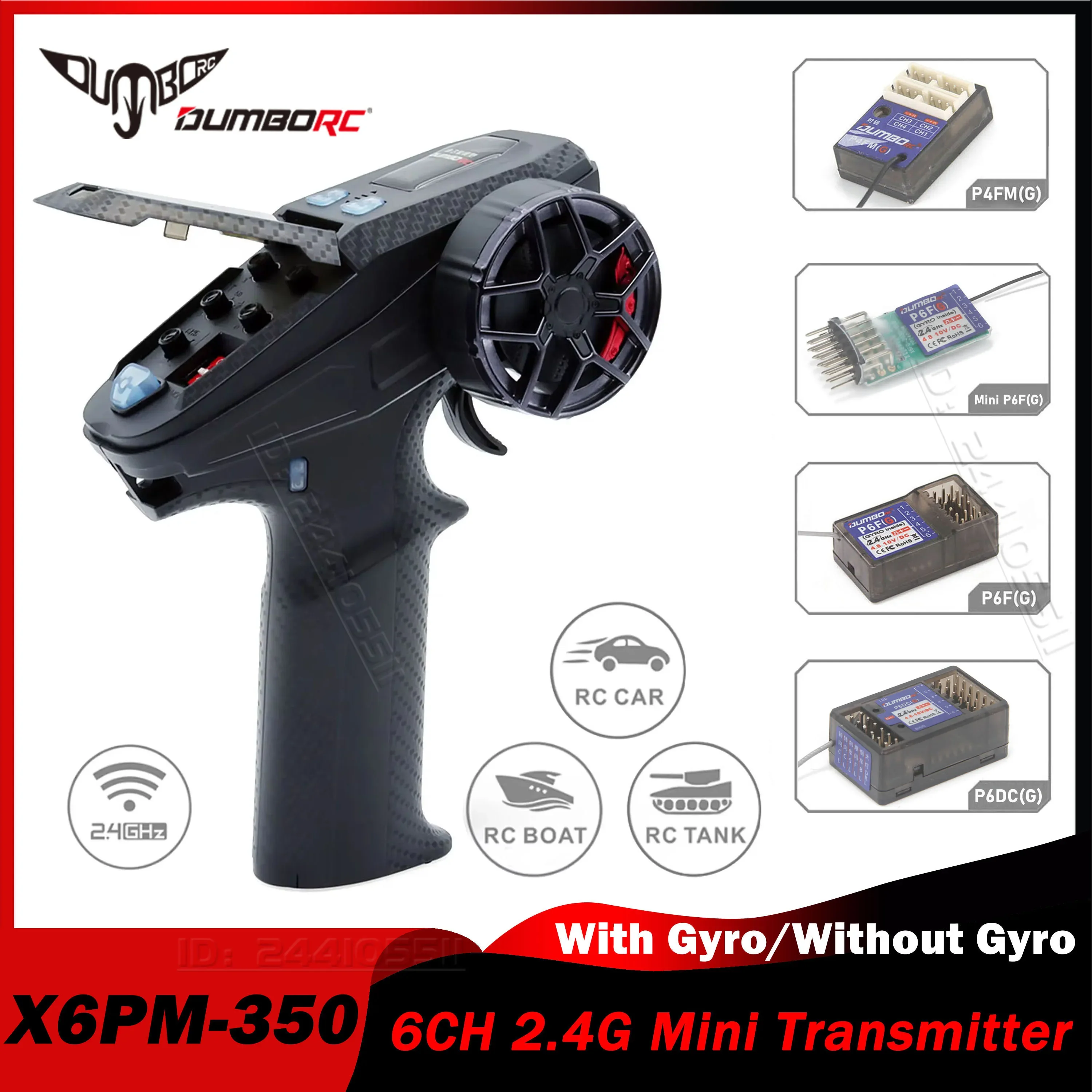 

DUMBORC 6CH X6PM-350 2.4G Mini Transmitter 4.8-12V with Gyro Receiver P4FMG/P6FG/P6DCG Radio System for RC Car Boat Tank Model