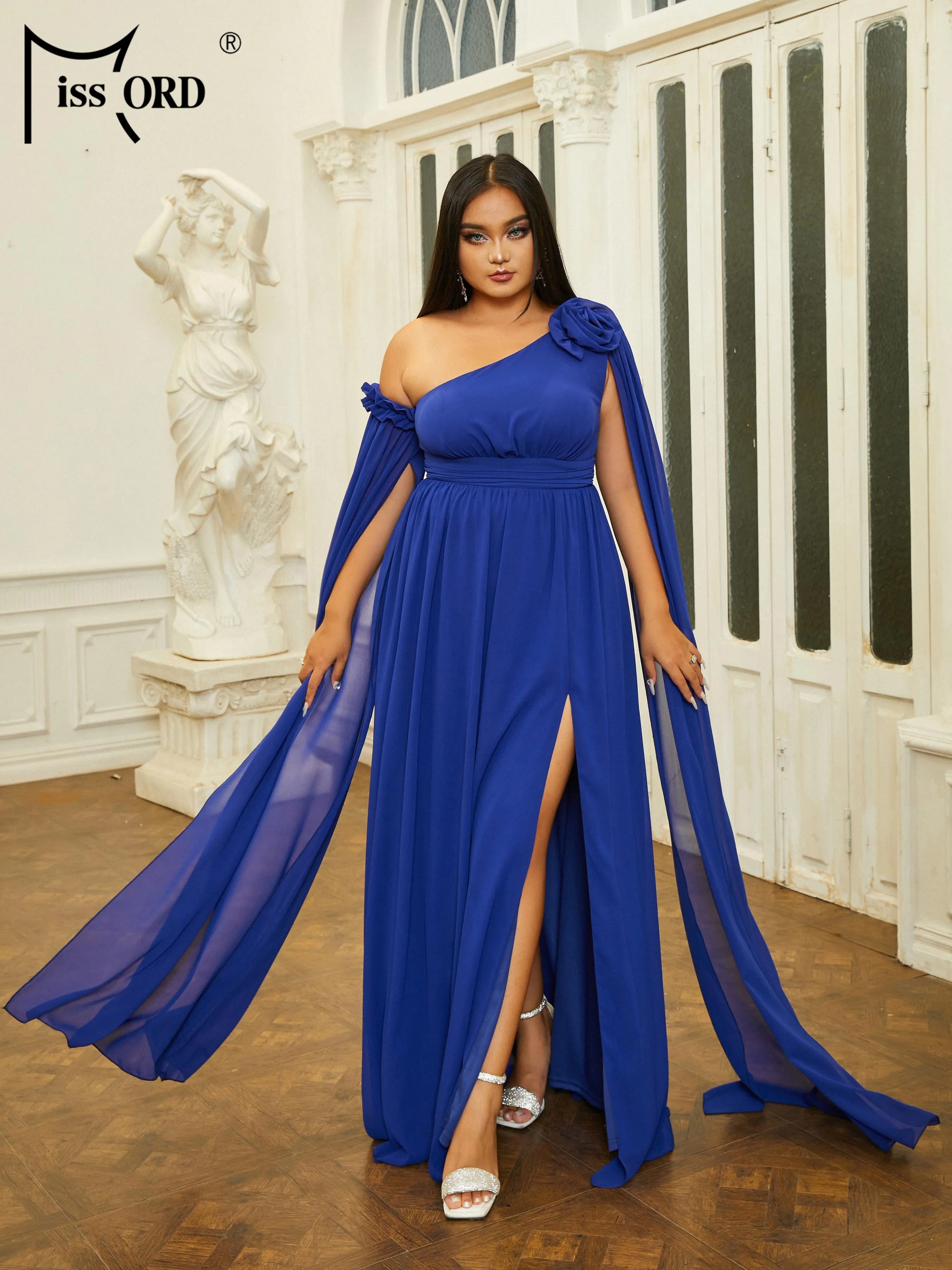 Missord Plus Size Blue Off shoulder Long Sleeved A-line Evening Gown Wedding Birthday Party Dress