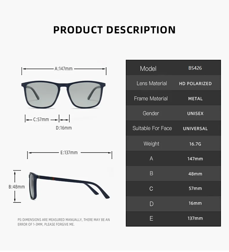 Modische Photochrome Polarisierte Vintage-Sonnenbrille für Männer und Frauen Quadratische Markendesigner-Sonnenbrille Herren Fahr- und Angelbrille – Detail 6