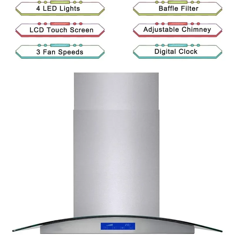 Island Range Hood 36 inch 700 CFM Ceiling Mount Kitchen Stove Hood Ducted with Tempered Glass 4 LED Lights