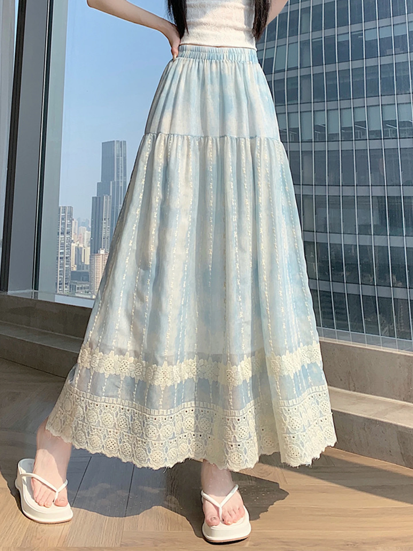 

Casual Floral Embroidery Half Skirt Women's Artistic Splicing Umbrella Skirt Loose Elastic Waist Slim A-Line Long Summer Skirt