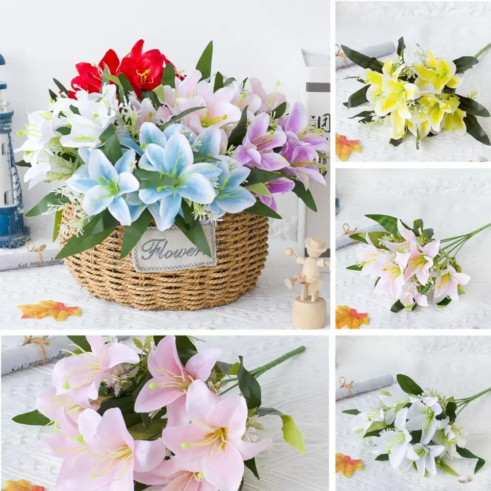 1Pc Artificial Lilies Flower Realistic No Withering Non-fading Single Branch Multi-fork Artistic Modern Style Fake Flower for We