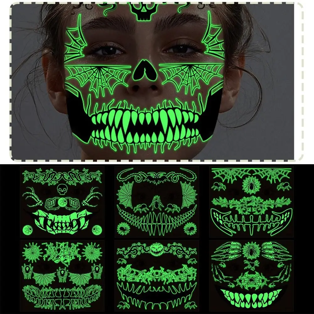 Glowing Mouth Halloween Luminous Tattoo Sticker Ghost Cobwebs Body Art Decals Green Scary Water Transfer Stickers Women Men