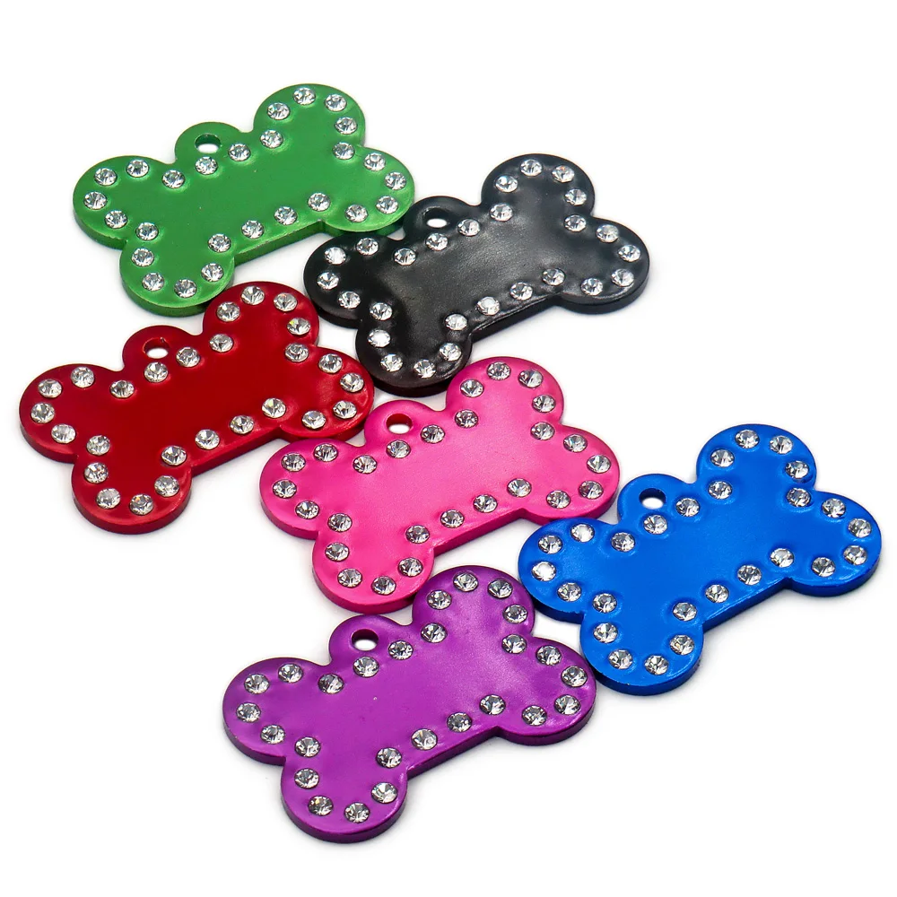 

Wholesale 100Pcs Diamonds Bone Shape Pet Cat Dog ID Tags Personalized Customized Pet ID Nameplate Anti-Lost Aluminum Name Plate