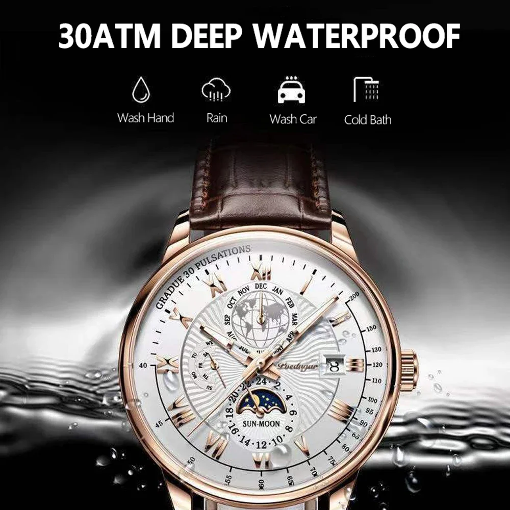 Luxury Man Watch Waterproof Chronograph Moon Phase Pattern Luminous Men\'s Wristwatch Leather Men Quartz Watches Casual Clock