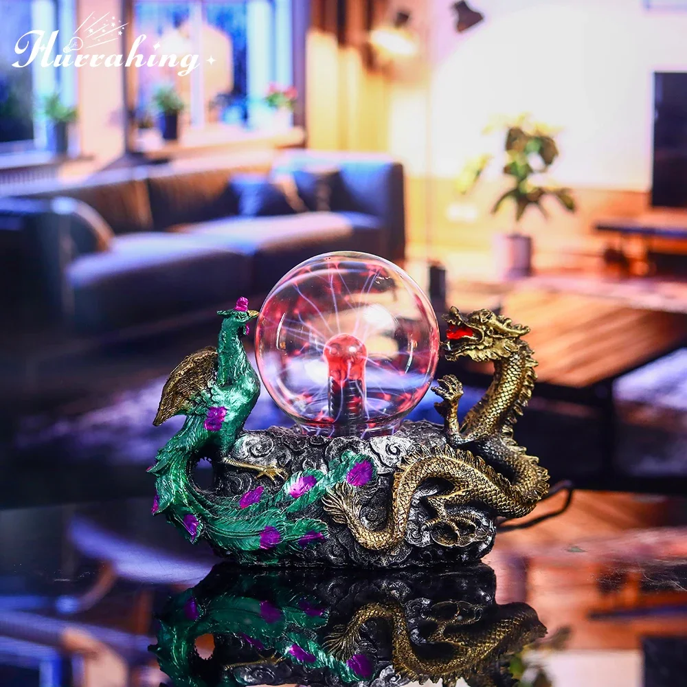 Hurrahing chinês dragão e phoenix estilo lâmpada de plasma 4-Polegada luz noturna ambiente decoração de mesa presente de halloween venda