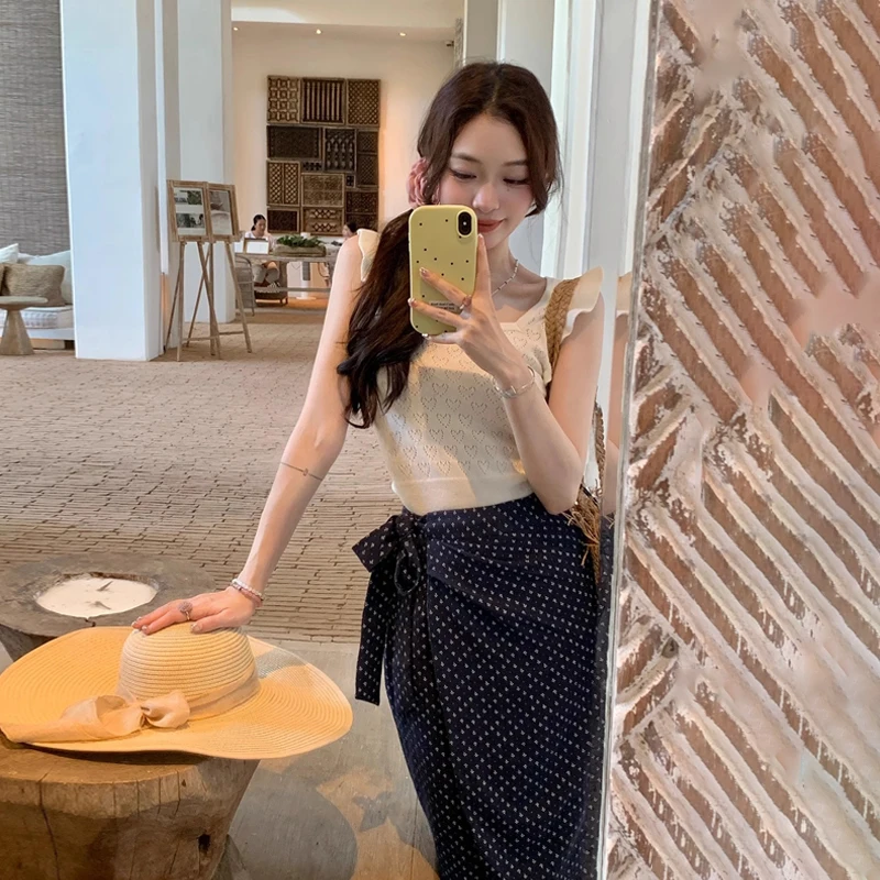

Women Summer Sweet Holiday Chic Sleeveless Knitted Vest Tops Split Printed Skirt