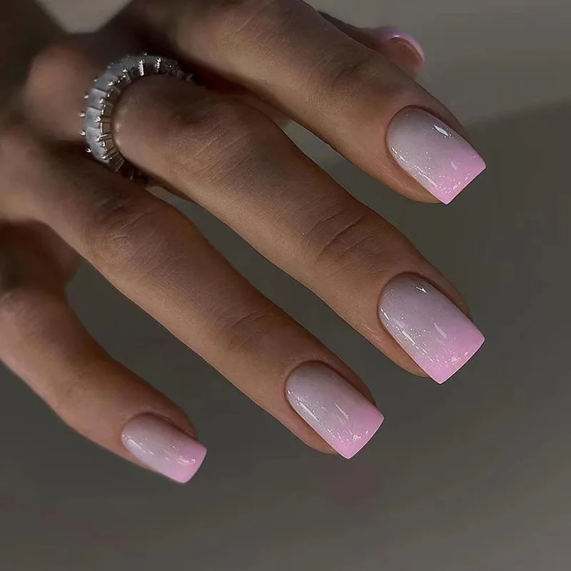 24pcs Shiny Powder Full Cover Nail Tips Black Short Square False Nails Art Reusable Ballet Fake Nail Set Press on Nails Finished