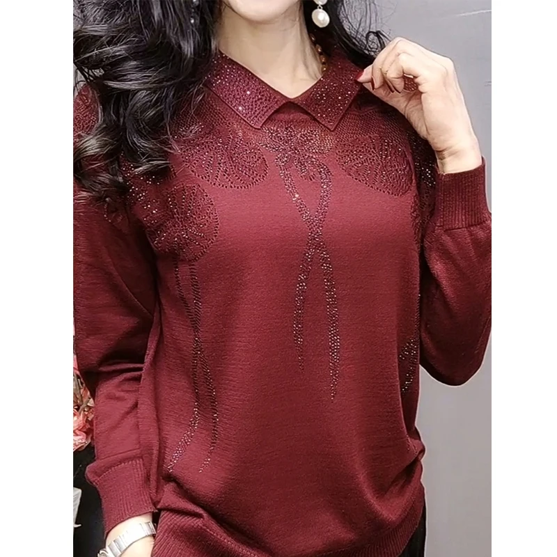 Women Sexy Hollow Out Rhinestone Elegant Knitwear Ladies Polo Collar Long Sleeve Loose Pullover Tops 2023 Autumn Winter Jumpers