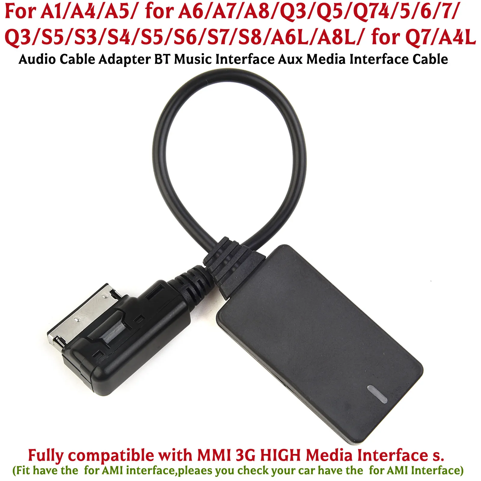 

1 х аудиокабель-адаптер с музыкальным интерфейсом Bluetooth, кабель медиа-интерфейса Aux, совместимый с MMI 3G, интерфейсная система высокого медиа-интерфейса