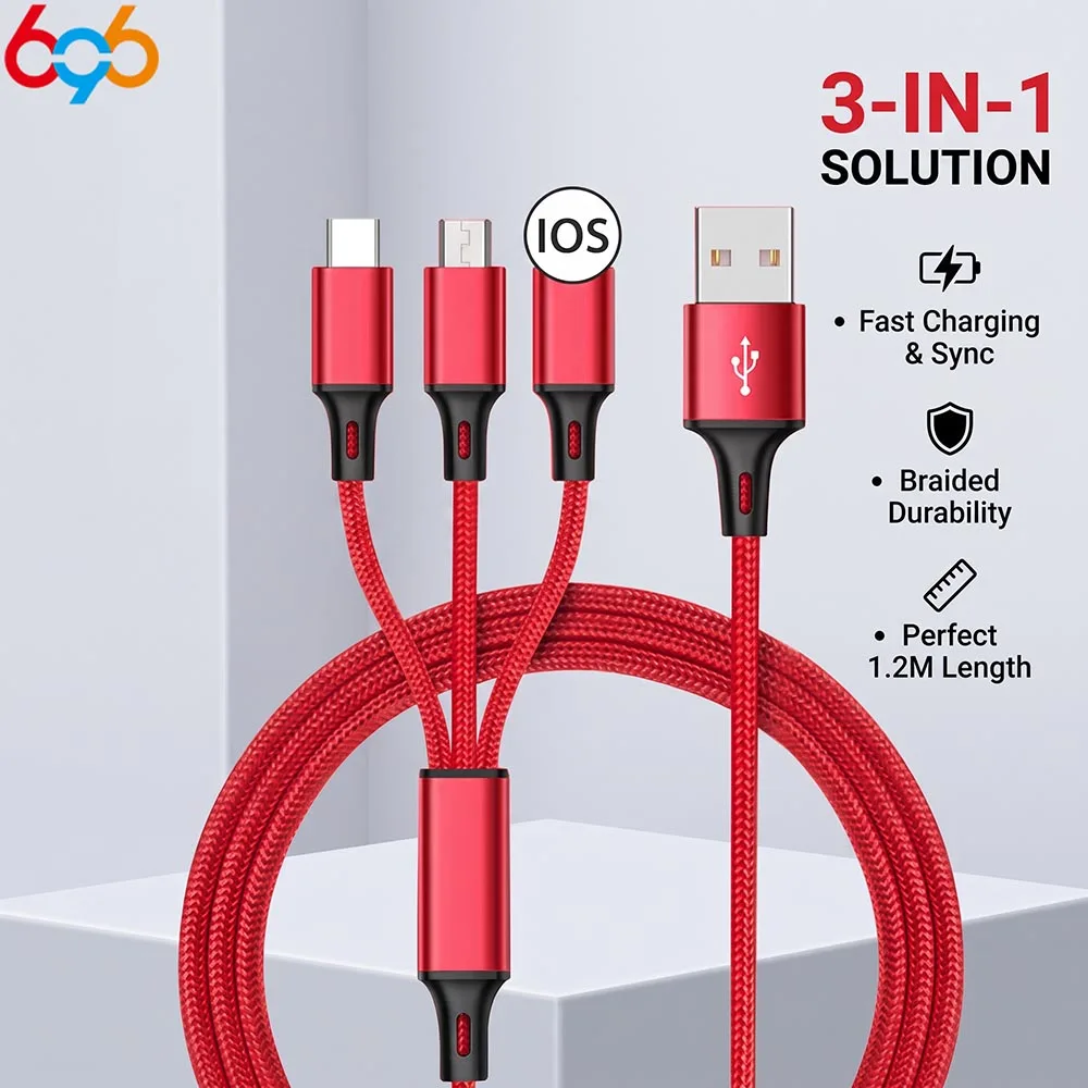3‑in‑1 USB Fast Charging Cable Multi‑Interface Charging Accessory for Samsung  Xiaomi  Huawei  Apple Phones & Tablets