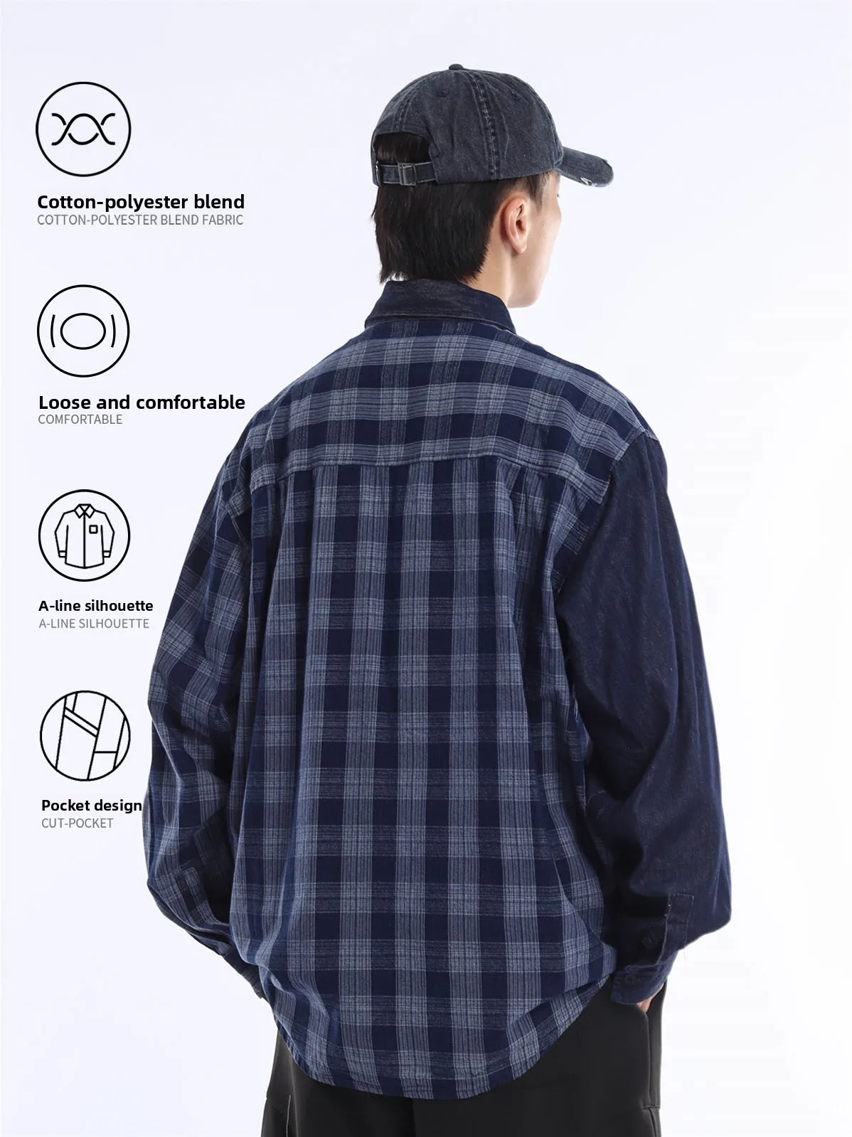 Retro Japanese Style Plaid Long Sleeve Denim Workwear Shirt Loose Casual Versatile Men's Checkered Top Coat Youth Autumn Cott...
