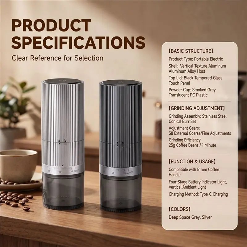[HOT!A24R】 Adjustable 38-Setting Stainless Steel Burr Portable Electric Coffee Bean Grinder USB Rechargeable For Travel Offices