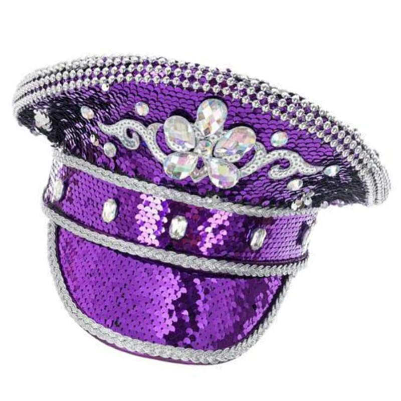 Shimmering Rhinestones Hat Women Cosplay Captain Hat Halloween Party Hat