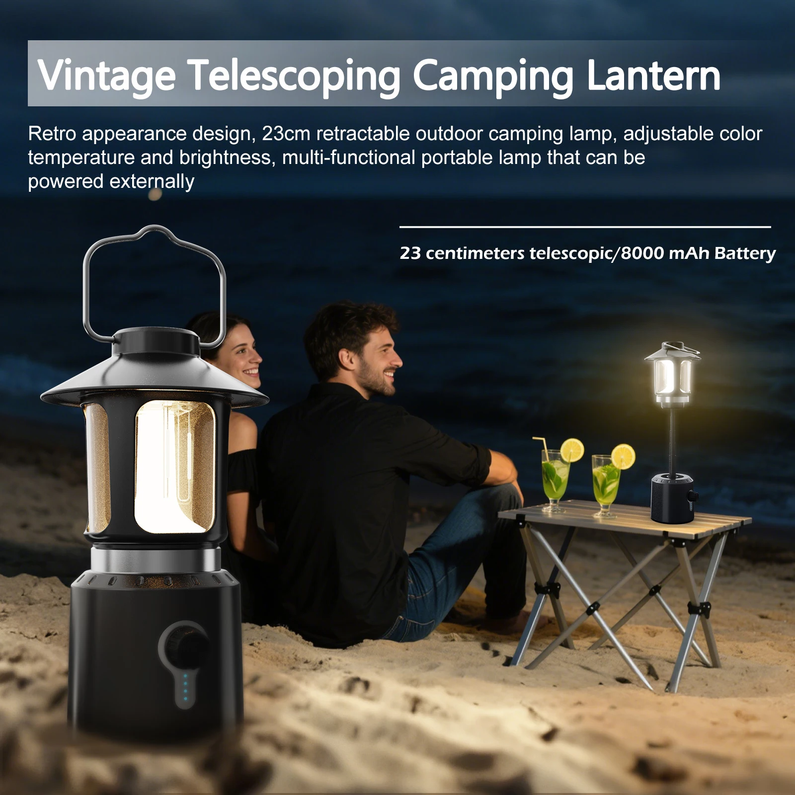 

Vintage Retractable Camping Lantern - 8000mAh Battery with Power Output, 23cm Adjustable Tent Light, 3 Color Temperatures