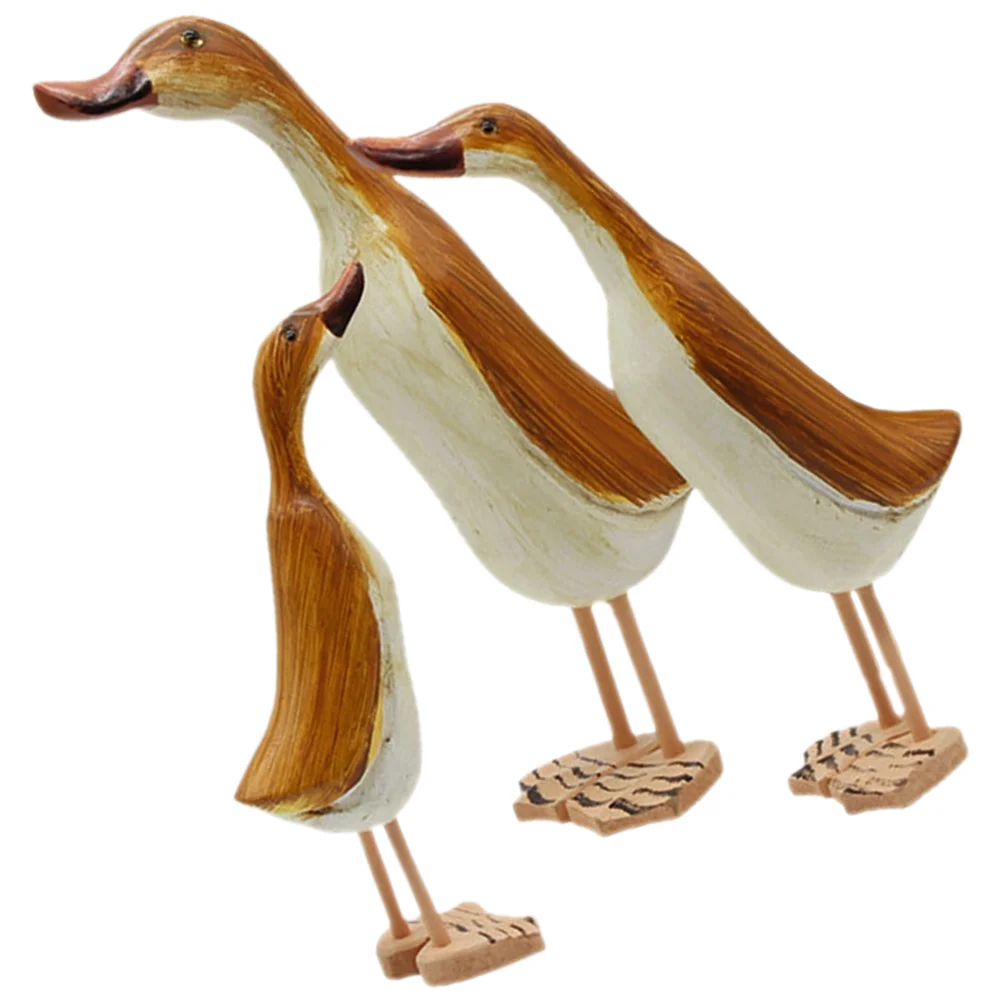 3 Pcs Desktop Decor Wood Animal Sculpture Wooden Duck Home Decoration Carved Statue Craft Statues