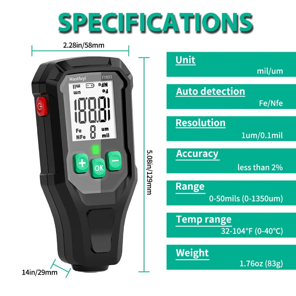 Imagem -05 - Mastafuyi Medidor de Espessura de Revestimento Profissional Testador de Espessura de Pintura Ferramenta de Medição Precisa para Uso Industrial e Automotivo