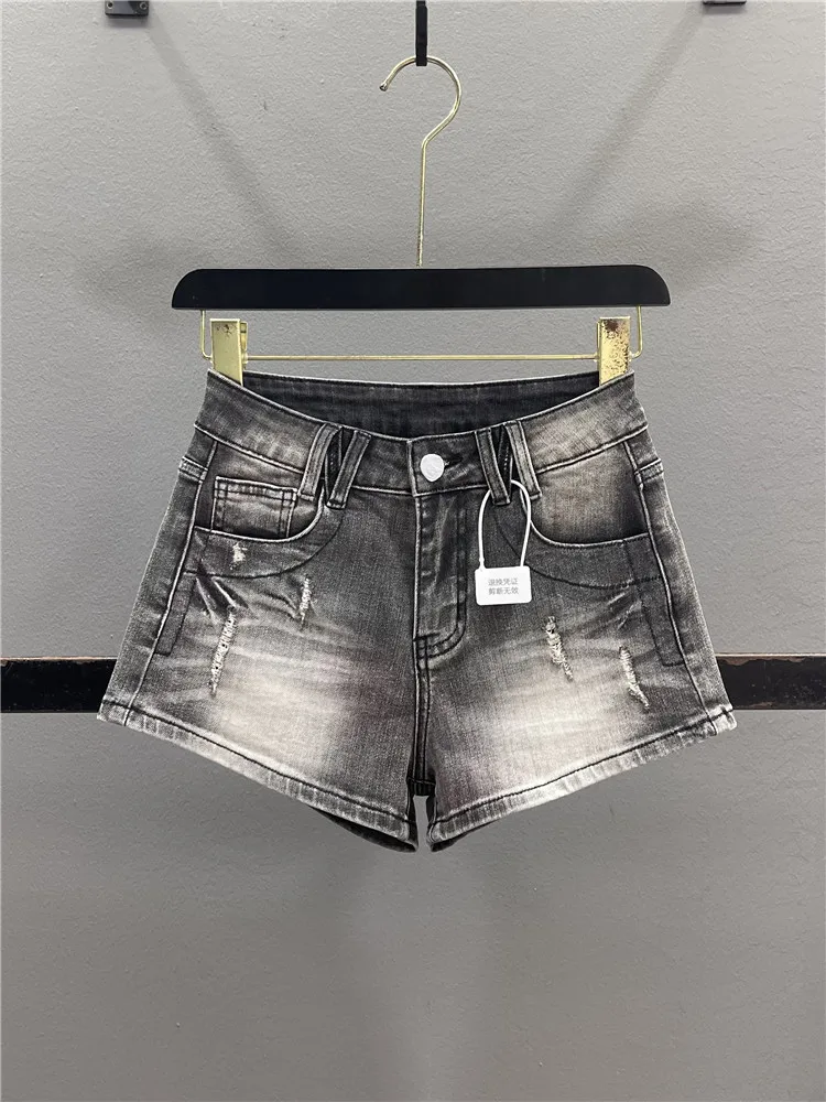 Retro Washed Distressed Denim Shorts for Women Slim Fitting Hot Pants Casual Style Natural Waist Cotton Stretch Fabric