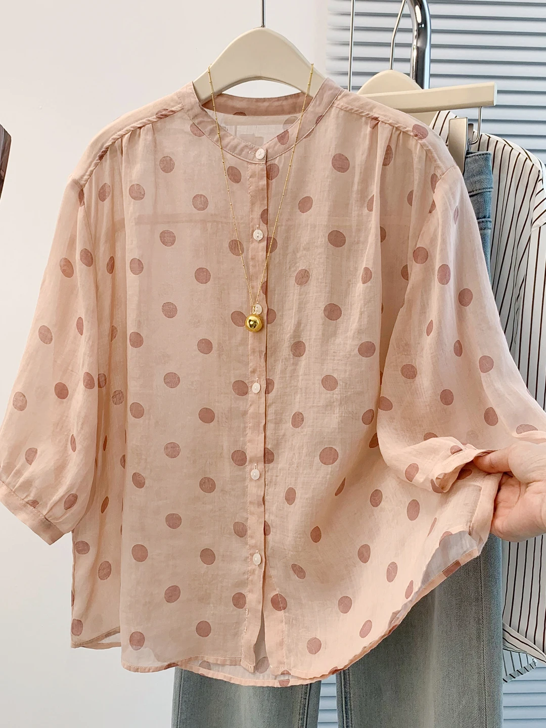 

Summer 2026 Polka Dot Print Midi Sleeve Loose Fit Shirt for plus Size Women Artistic Style Casual Wear round Neck Open Cardigan