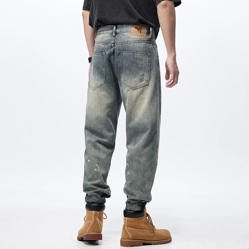 Vintage heavy personalized letter print washed men's jeans loose small straight American high street pants men's models