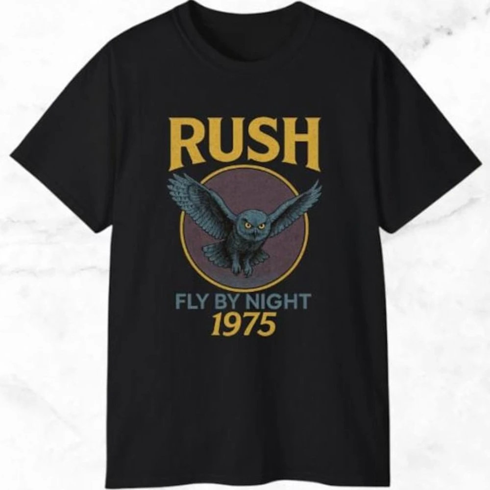 Rush Fly By Night 1975 Band T-Shirt Black Regular Fit Owl and Text Graphic Print Rock Music Fan Gift Concert Tour Summer