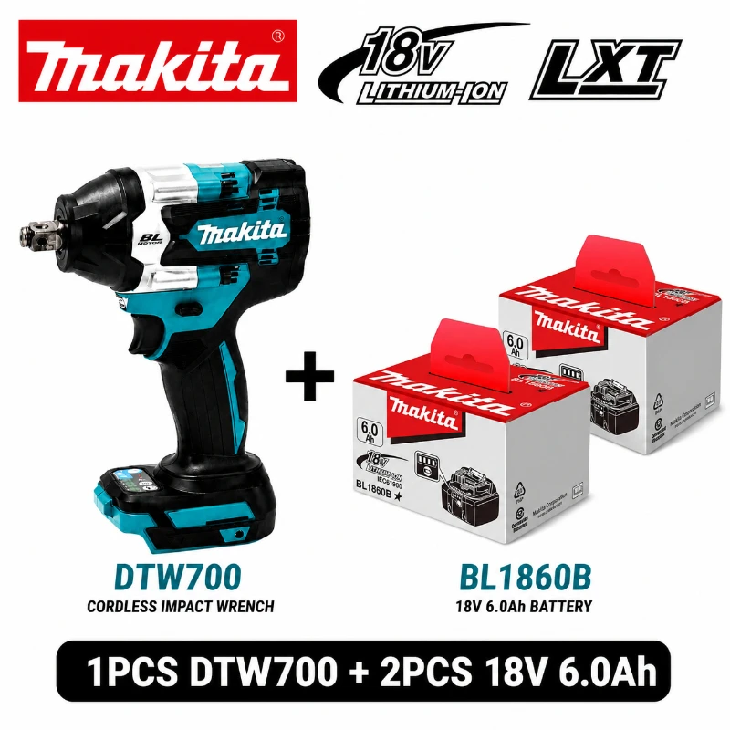 Original Makita DTW700 18V Bürstenloser Akku-Schlagschrauber 700Nm Hochdrehmoment Variable Geschwindigkeit Auto-Stopp Professionelles Elektrowerkzeug Kompatibel mit Makita BL1830 BL1840 BL1850 BL1860B