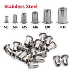 10/20/50pcs Stainless Steel Rivet Nut M3 M4 M5 M6 M8 M10 Flat Head Round Body Knurled Rivnut Cap Threaded Riveted Nuts