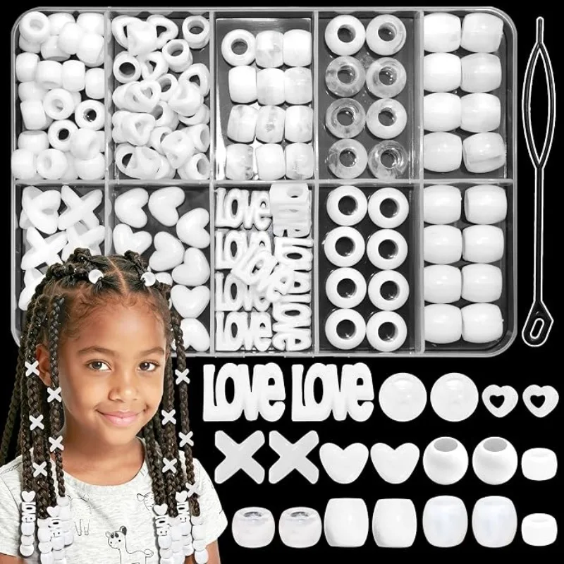 10 Styles Hair Beads for Braids 100Pcs Large Hole Acrylic Beads with Beading Tool for Girls Kids Hair Braiding Accessories