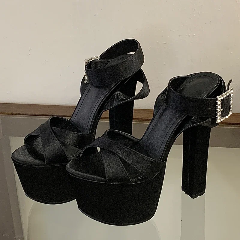 Eilyken New Summer Solid Platform Square High Heels Women Sandals Fashion Crystal Buckle Strap Open Toe Party Shoes
