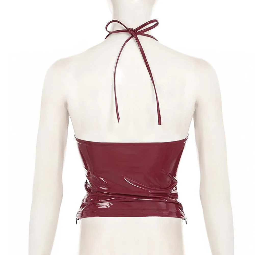 عميق الخامس حزام بولي Leather الجلود بروتيل سليم صالح زر معدني المحاصيل القمم الدبابات البلوزات الشارع الشهير الصلبة الأحمر بولي Corset مشد الربيع الصيف