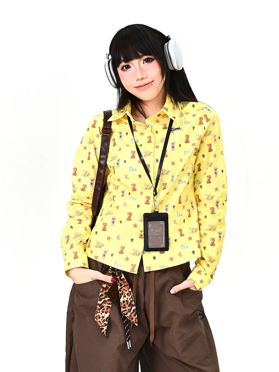 

Корейская женская свободная блузка с длинным рукавом и принтом медведя, весна 2026, милый универсальный топ в стиле бойфренд, повседневный, модный