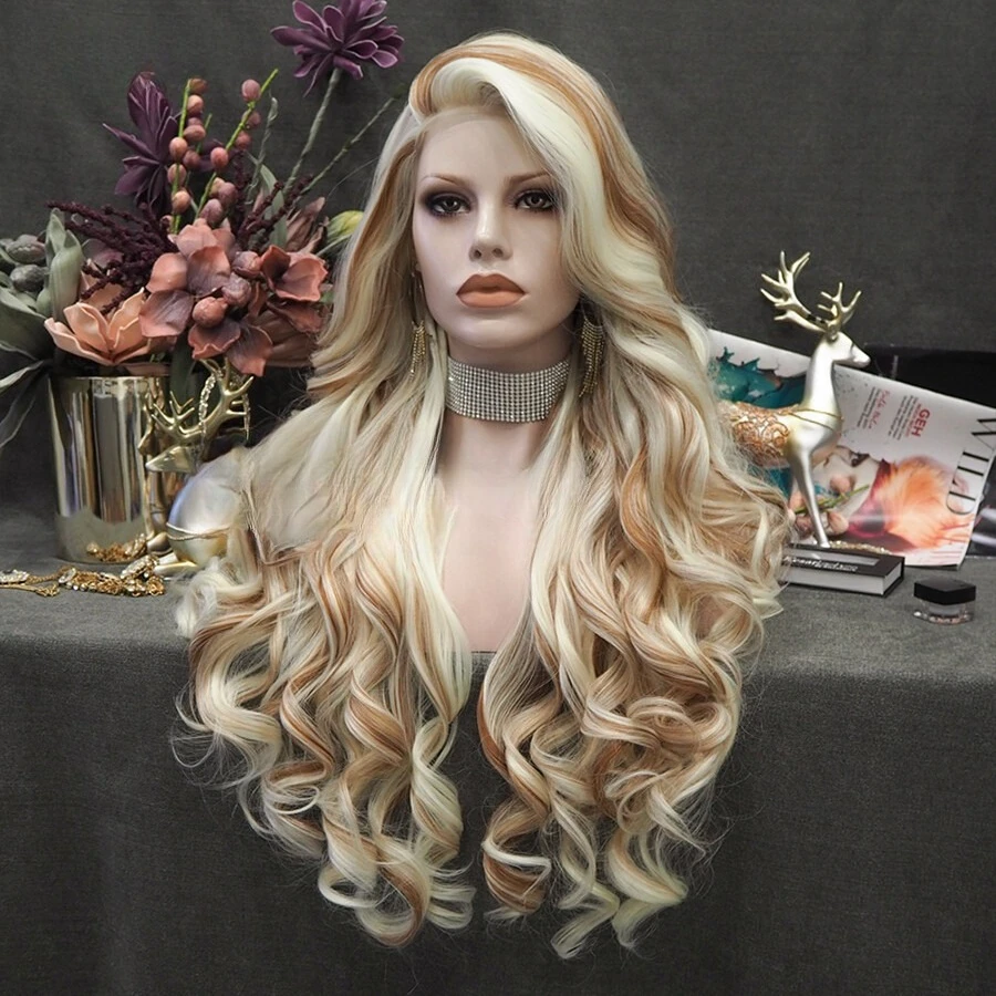 

Highlight Blonde Brown Wig Synthetic Lace Front Long Wavy Wigs Drag Queen Wigs
