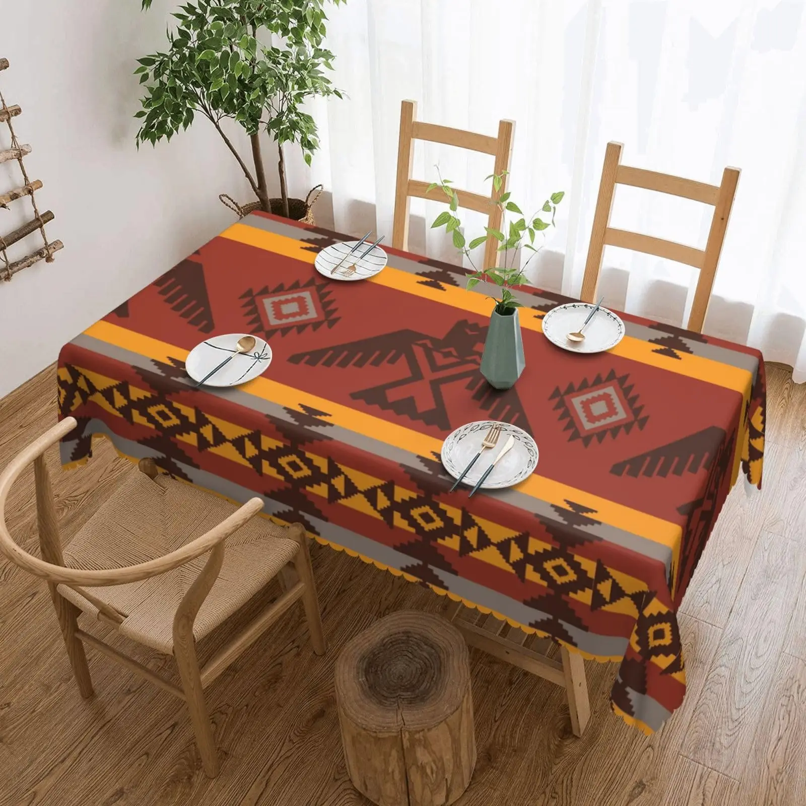 Tribal Tablecloth Indigenous Style Ethnic Eagles Traditional Cinnamon Marigold Grey Rectangle Table Cloth Rectangular  Table