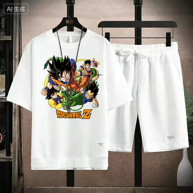 

Men's Dragon Ball Logo Print 2 Piece Outfit, Waffle Knit Short Sleeve T-shirt + Shorts Set, Anime Streetwear Casual Tracksuit