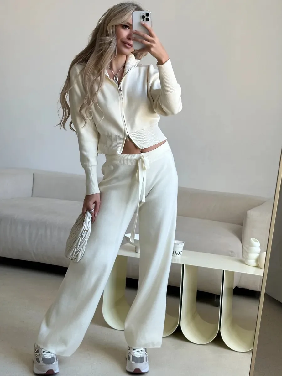 

Women's New Knit Zip Up Cardigan Wide Leg Pants Set Soft Fabric Cropped Elastic Waist Autumn Winter Fashion Sweater