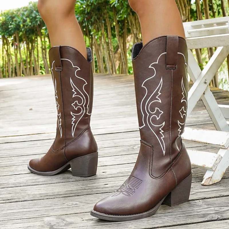 Plus Size 43 Autumn New Women's V-neck Mid-calf Boots Retro Pointed-toe Embroidered High-heeled Western Knight Boots for Women - view 2