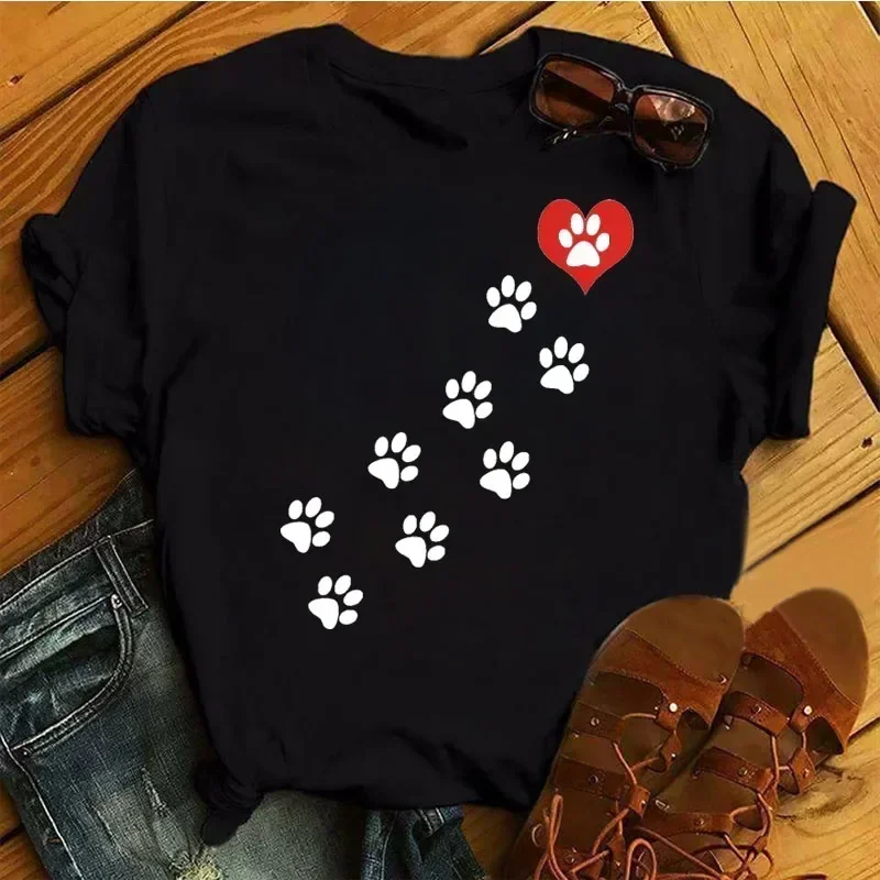 Women T Shirt Cartoon Tops Colorful Heart Dog Paw Print T-shirt Female Summer T-shirt Girls Short Sleeve Tee Black T-shirts image 3