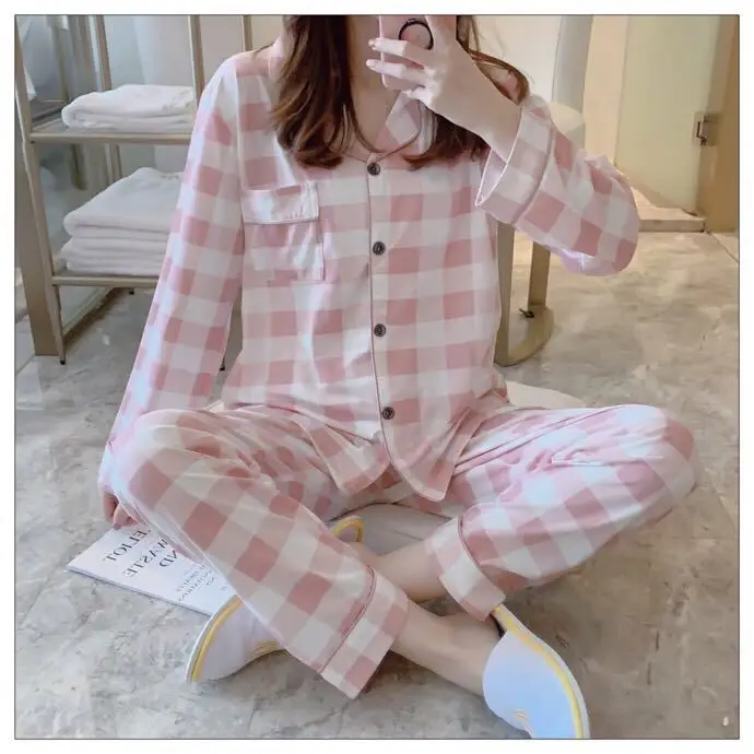 Women's Pajamas Lapel  Cardigan Sleepwear Long Sleeve Top Pants Cartoon Home Clothes Set In Spring and Autumn